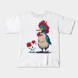 Cute Duck With Red Flowers Kids T-Shirt